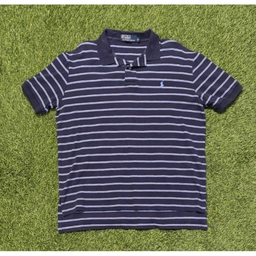 Polo Ralph Lauren Striped Polo Shirt Mens Medium Navy Blue Light Blue Vintage M
